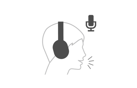 Illustration of a person wearing over-ear headphones speaking, with a microphone icon to indicate voice control