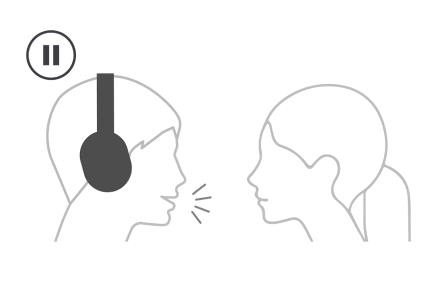 Line drawing of a person wearing headphones talking to a person without headphones. A pause icon sits top left