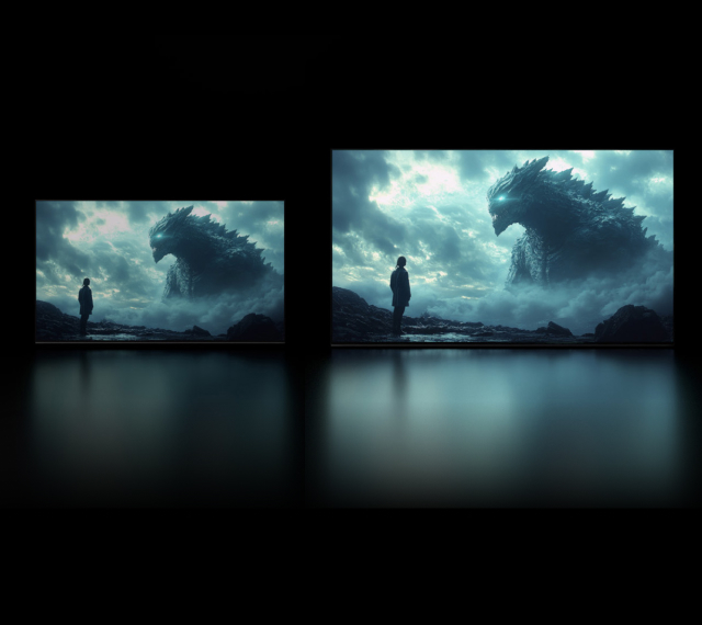 Two TVs side by side showing the same movie scene, with the larger screen displayed on the right.