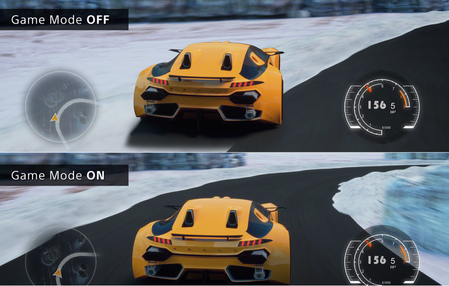Side-by-side video game stills showing improved performance with Game Mode On vs. Game Mode Off.