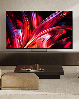 BRAVIA 9 II TV on its Mirage Stand displayed in a modern living room