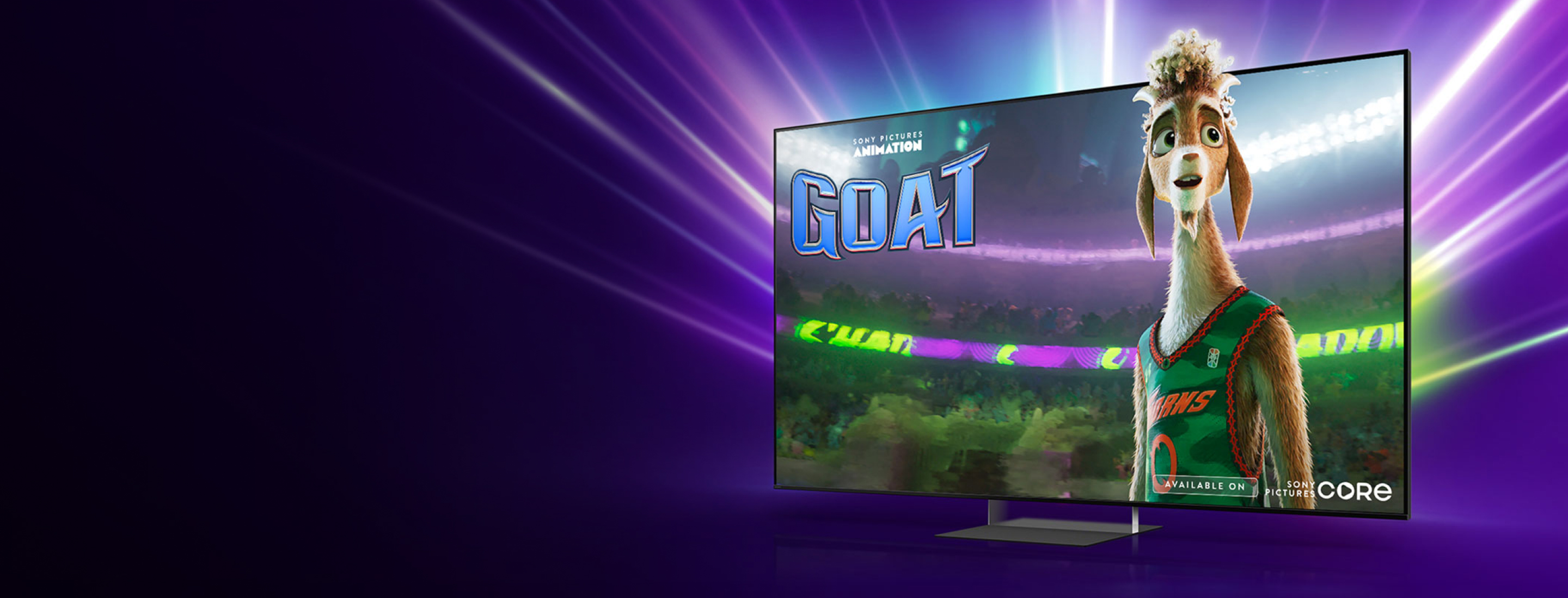 Promotional title card for the Sony Pictures Animation film GOAT on a TV screen, featuring an animated goat basketball player in a green jersey, set against a vibrant purple backdrop.