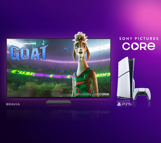 Promotional image for Sony Pictures Core with a purple background, showing the animated film GOAT on a BRAVIA TV next to a PlayStation 5 console and controller.