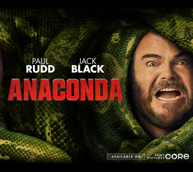 Film poster for Anaconda with Paul Rudd and Jack Black entangled in a green snake. Bold red title and “Available on Sony Pictures Core” branding are shown.