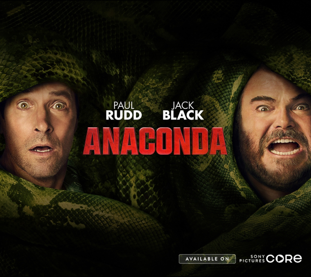 Film poster for Anaconda with Paul Rudd and Jack Black entangled in a green snake. Bold red title and “Available on Sony Pictures Core” branding are shown.