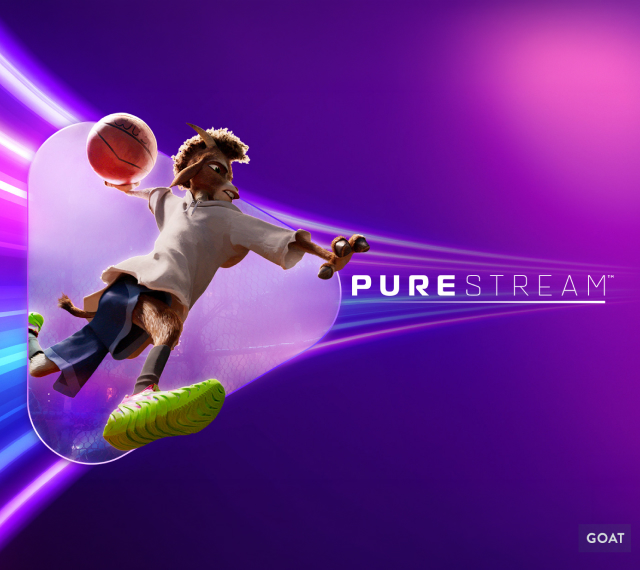 Promotional graphic for Sony’s Pure Stream, showing an animated goat character from GOAT mid-jump with a basketball against a purple background.