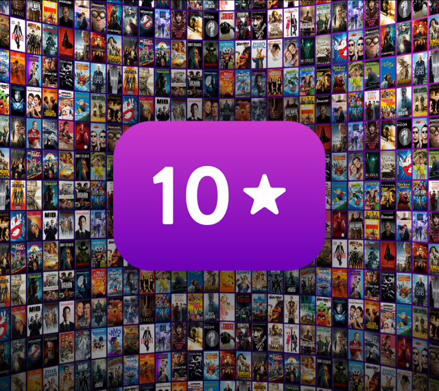 Large “10 star” icon on a purple background, set against a curved wall of film covers.