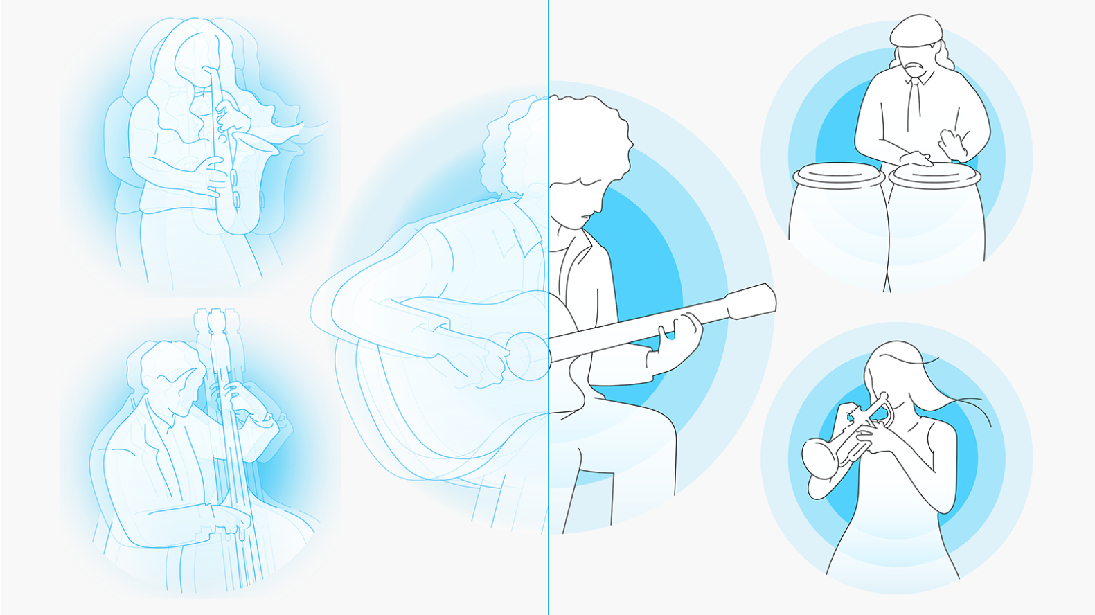 Image of people playing instruments, blurry on one side and clear on the other.