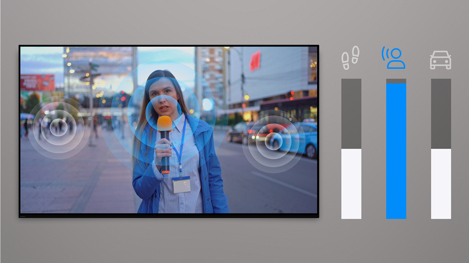 Image of person speaking on TV with the voice being amplified while background noise is muted.