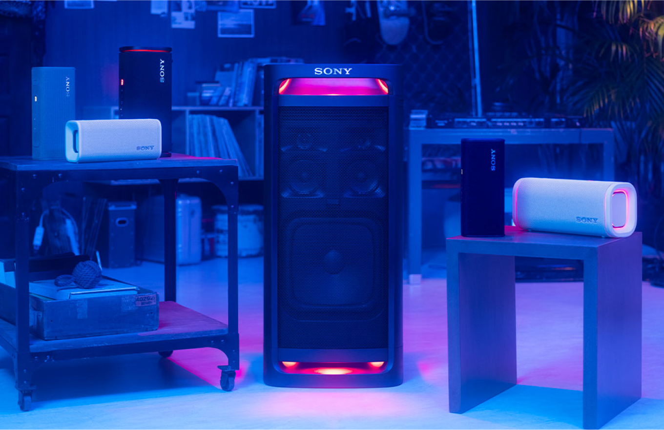 Multiple different Sony speakers.