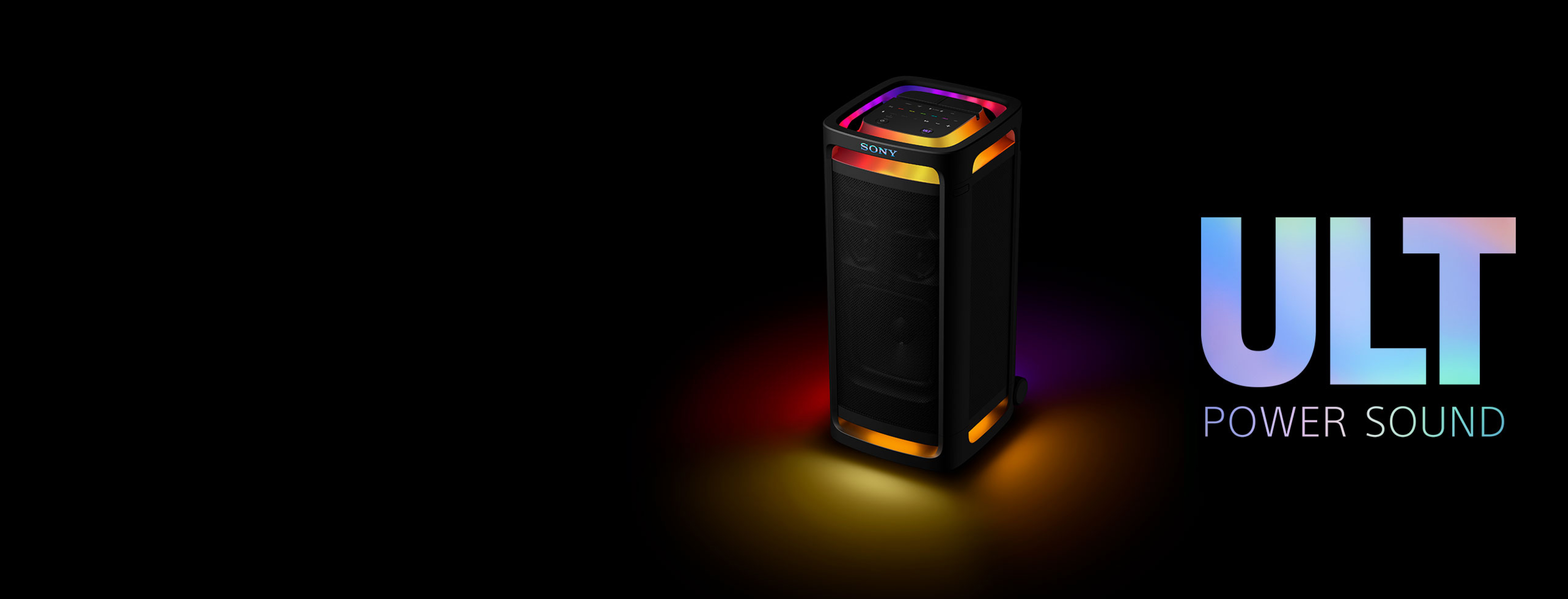 The TOWER 9AC speaker on a black background with the orange and red party lights shining from the top and the bottom, with the ULT Power sound logo next to it