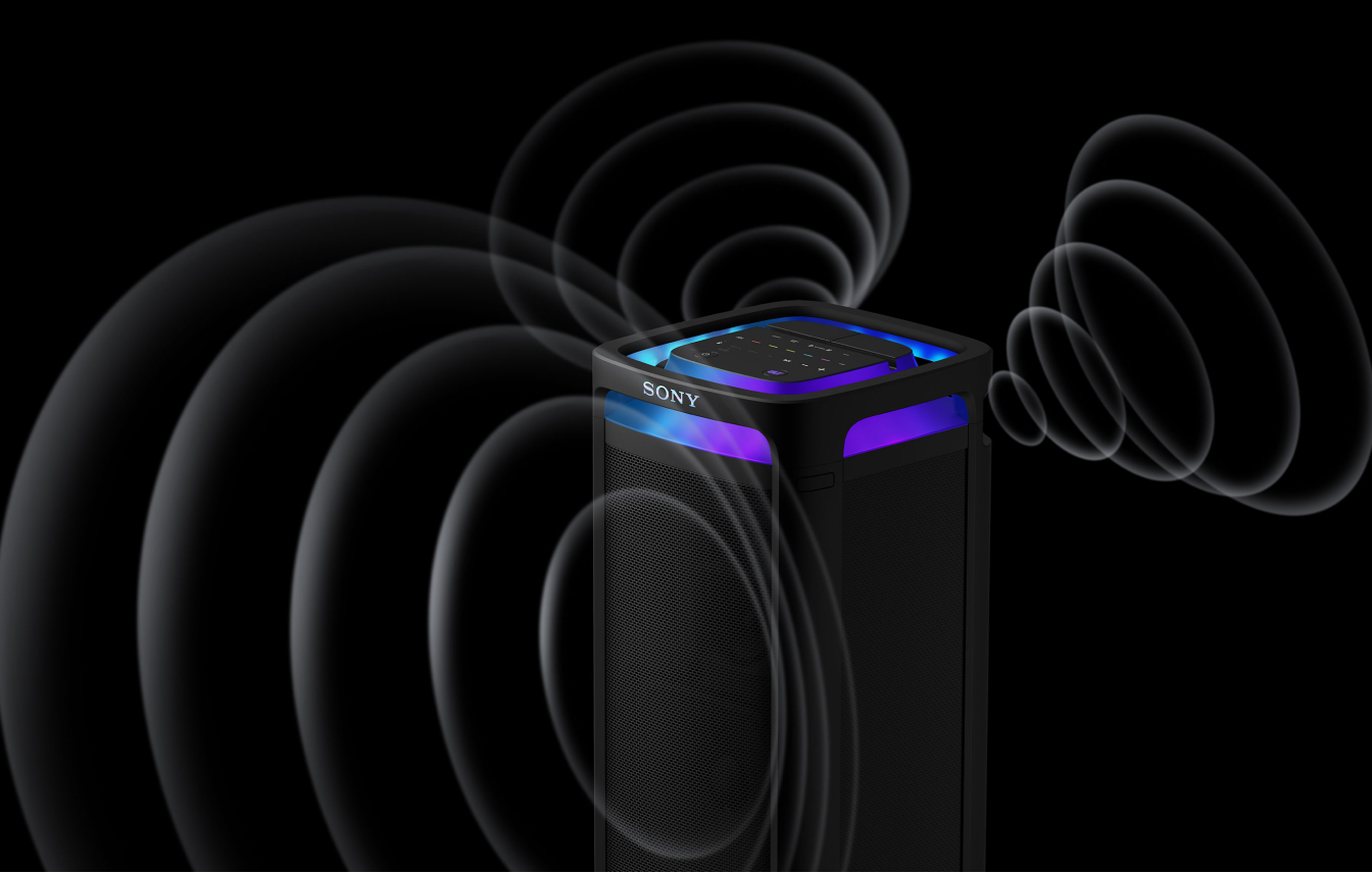 ULT TOWER 9AC with illustrations of sound waves emanating from the top of the speaker.
