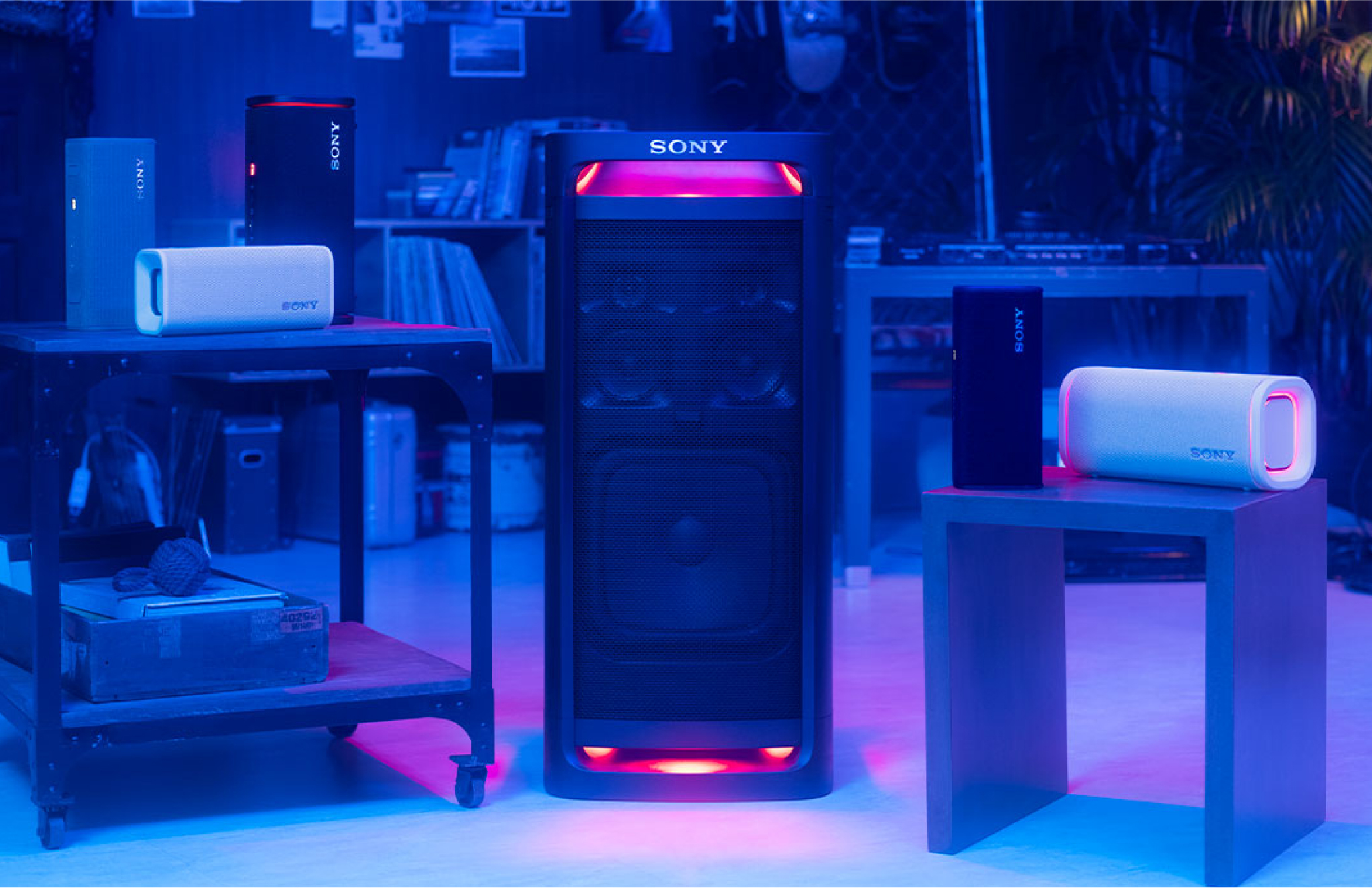 A group of ULT speakers with TOWER 9AC in the center, all playing music