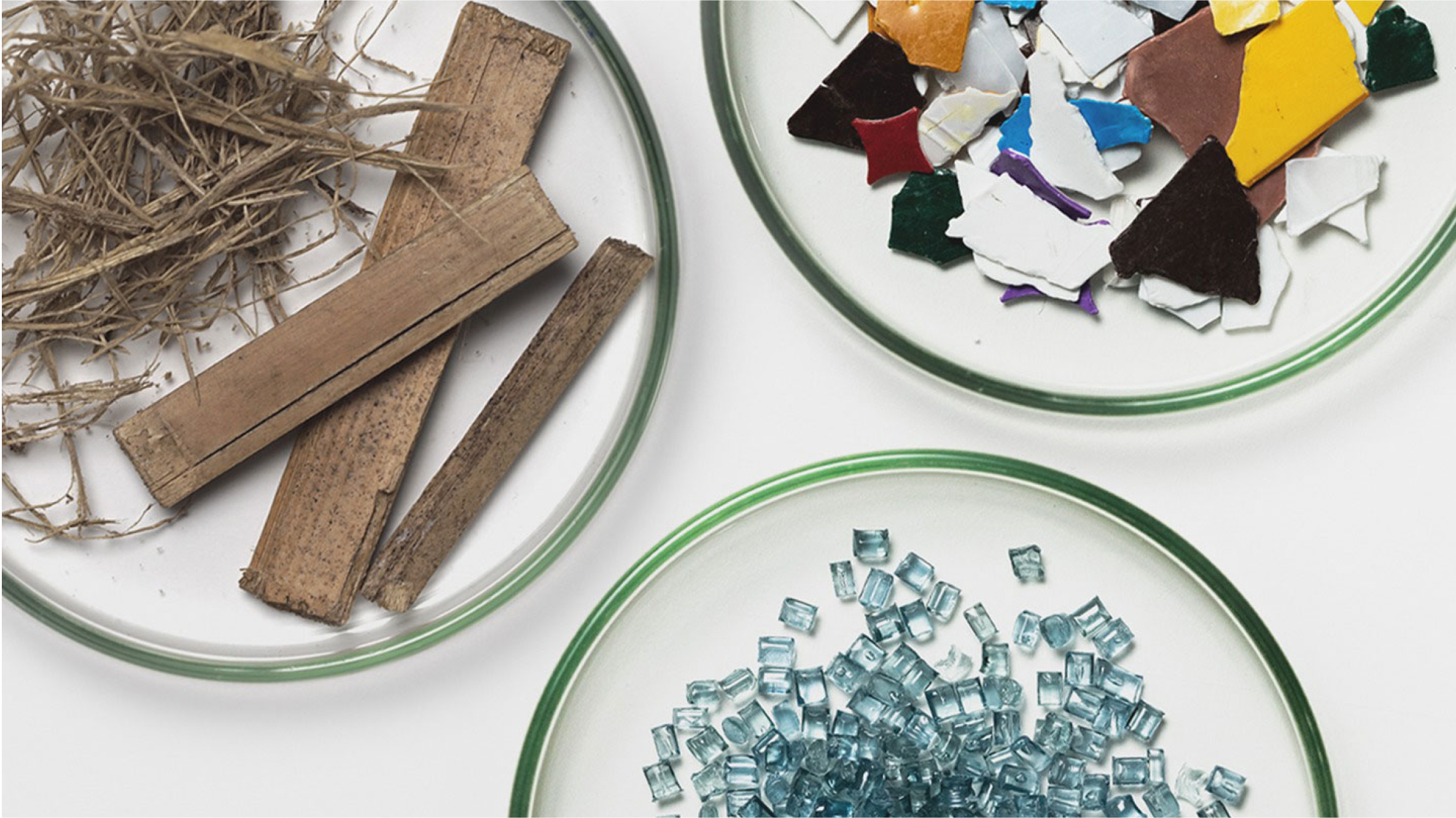 Three glass plates each containing a different reusable material.