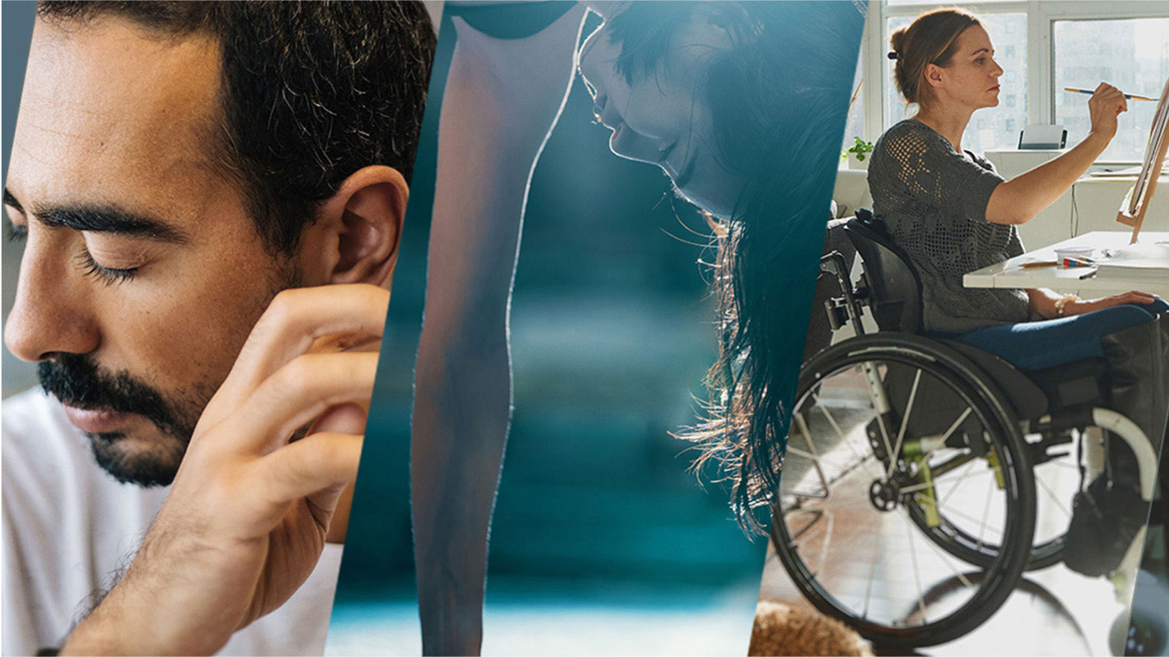 Three conjoined images, featuring a person with their eyes closed, a person doing a handstand and a person in a wheelchair painting on a canvas.