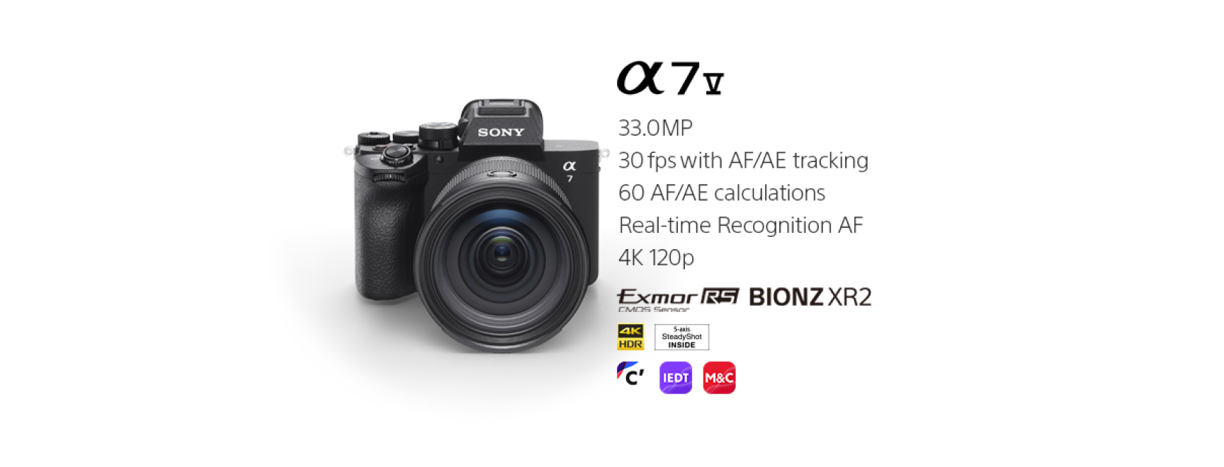 Sony Alpha 7 V z obiektywem, widok z przodu